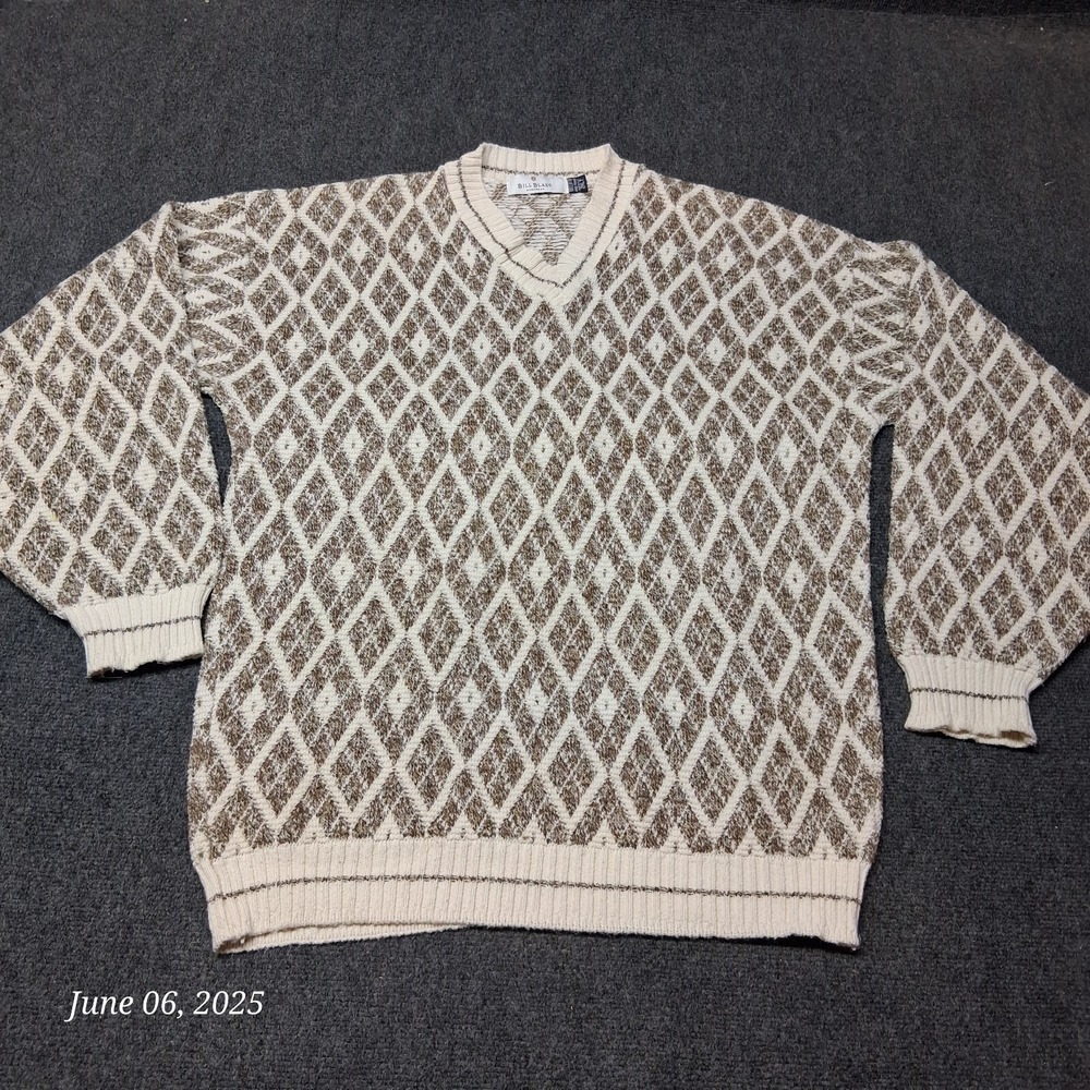 Bill Blass Cotton Knit Sweater Men Size 2XLT Beige Diamond Argyle‎ Print